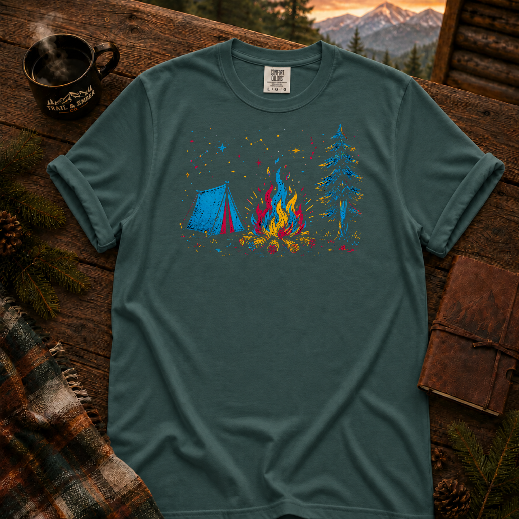 Blue Spruce Comfort Colors t-shirt with a neon-lit campsite scene — tent, campfire, and stars in layered red, blue, and gold neon linework, Trail & Ember Co.