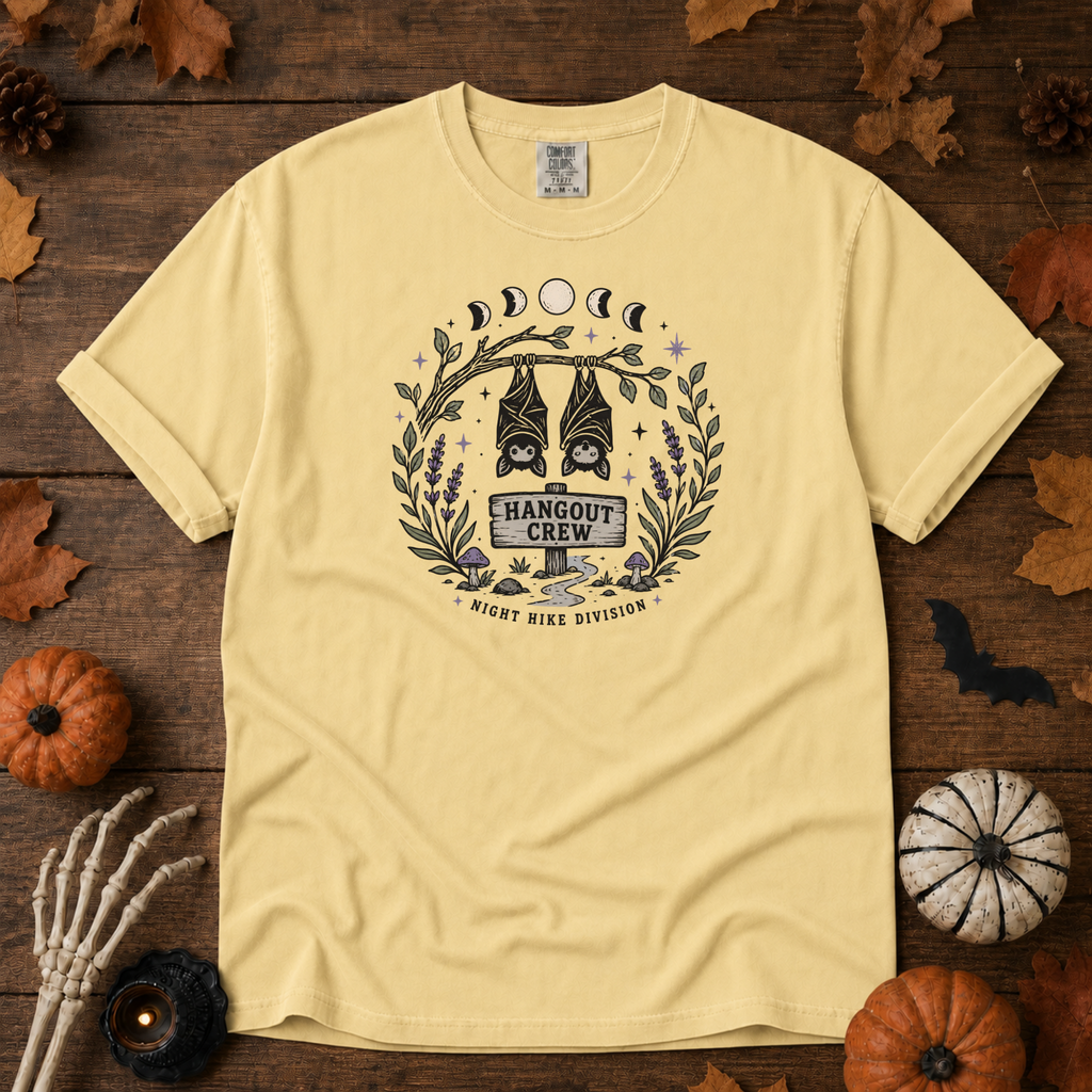 Butter Comfort Colors t-shirt featuring a hammock strung between two trees with boots kicked off underneath, Trail & Ember Co.