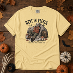 Butter Comfort Colors t-shirt featuring a skeleton wrapped head to rib in fleece, propped against a lantern, Trail & Ember Co.