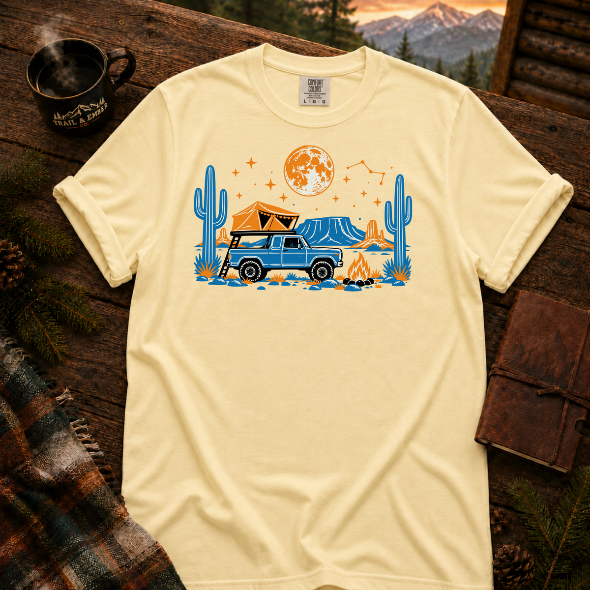 Neon Camp Truck overlanding t-shirt — garment-dyed Comfort Colors 1717, Trail & Ember Co.