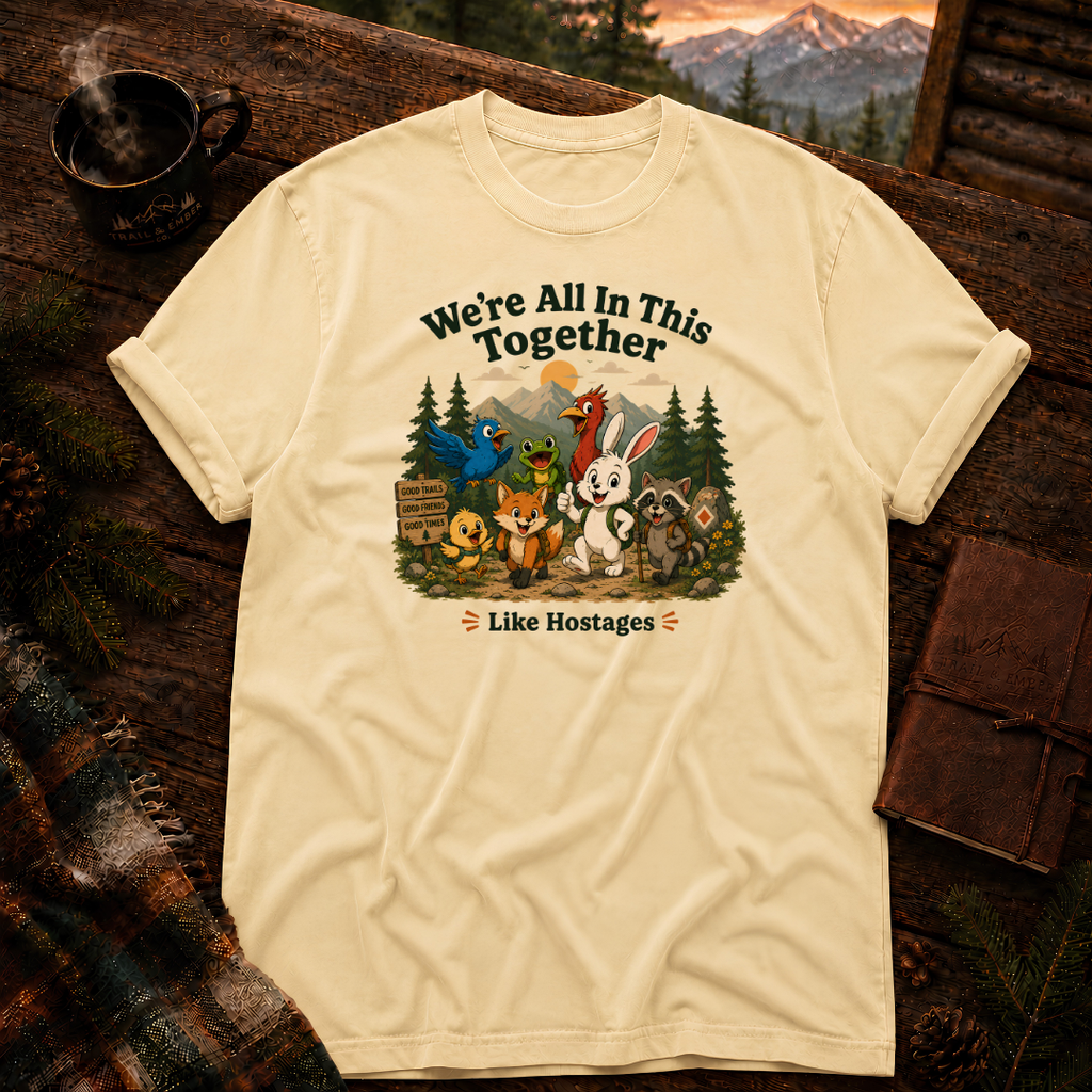 Butter yellow Comfort Colors t-shirt with a funny group hiking design — bluebird, frog, cardinal, rabbit, fox, chick and raccoon on the trail under a We're All In This Together, Like Hostages headline