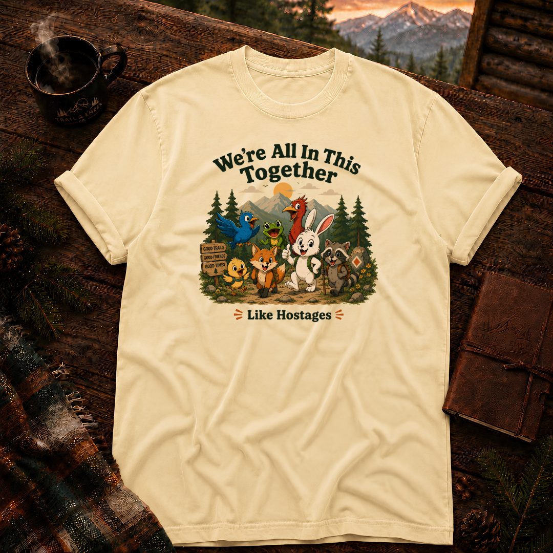 Butter yellow Comfort Colors t-shirt with a funny group hiking design — bluebird, frog, cardinal, rabbit, fox, chick and raccoon on the trail under a We're All In This Together, Like Hostages headline