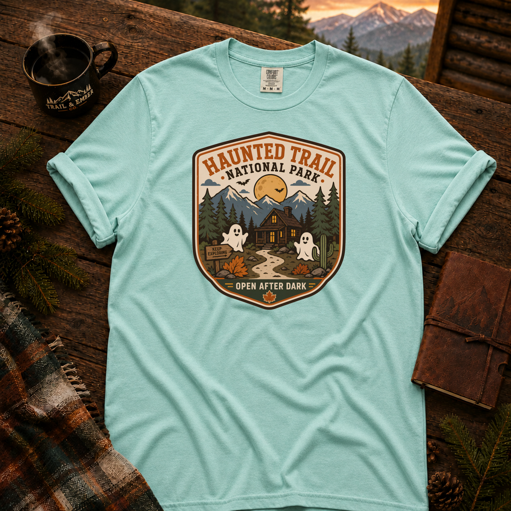 Haunted Trail National Park t-shirt in Chalky Mint — vintage Halloween badge design