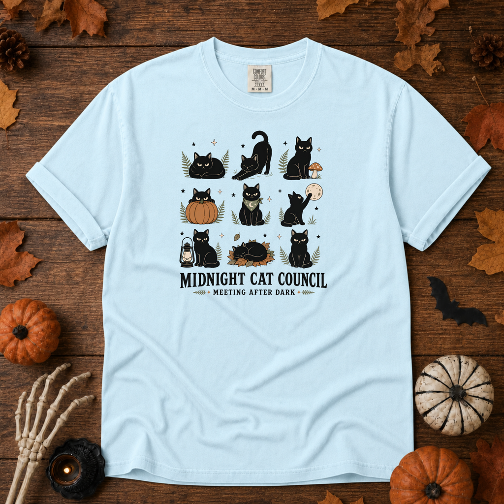 Chambray Comfort Colors t-shirt featuring a circle of cats on a fence line at midnight with eyes catching the porch light, Trail & Ember Co.