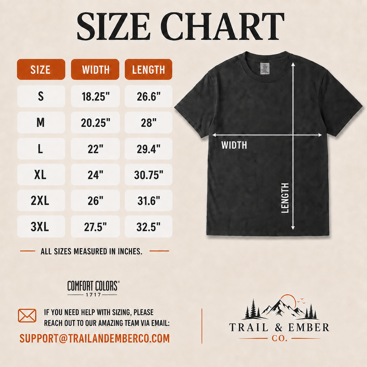 Comfort Colors size chart — width and length measurements S to 3XL