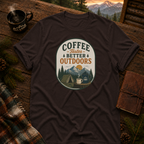 Dark Chocolate Gildan 64000 t-shirt with Coffee Tastes Better Outdoors Badge graphic — Trail & Ember Co. outdoor apparel