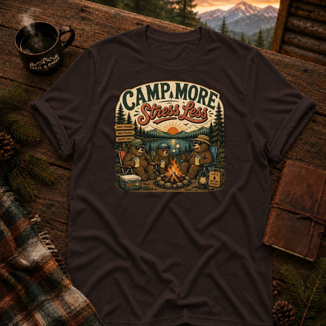 Dark Chocolate Gildan 64000 t-shirt with Camp More Stress Less graphic — Trail & Ember Co. outdoor apparel
