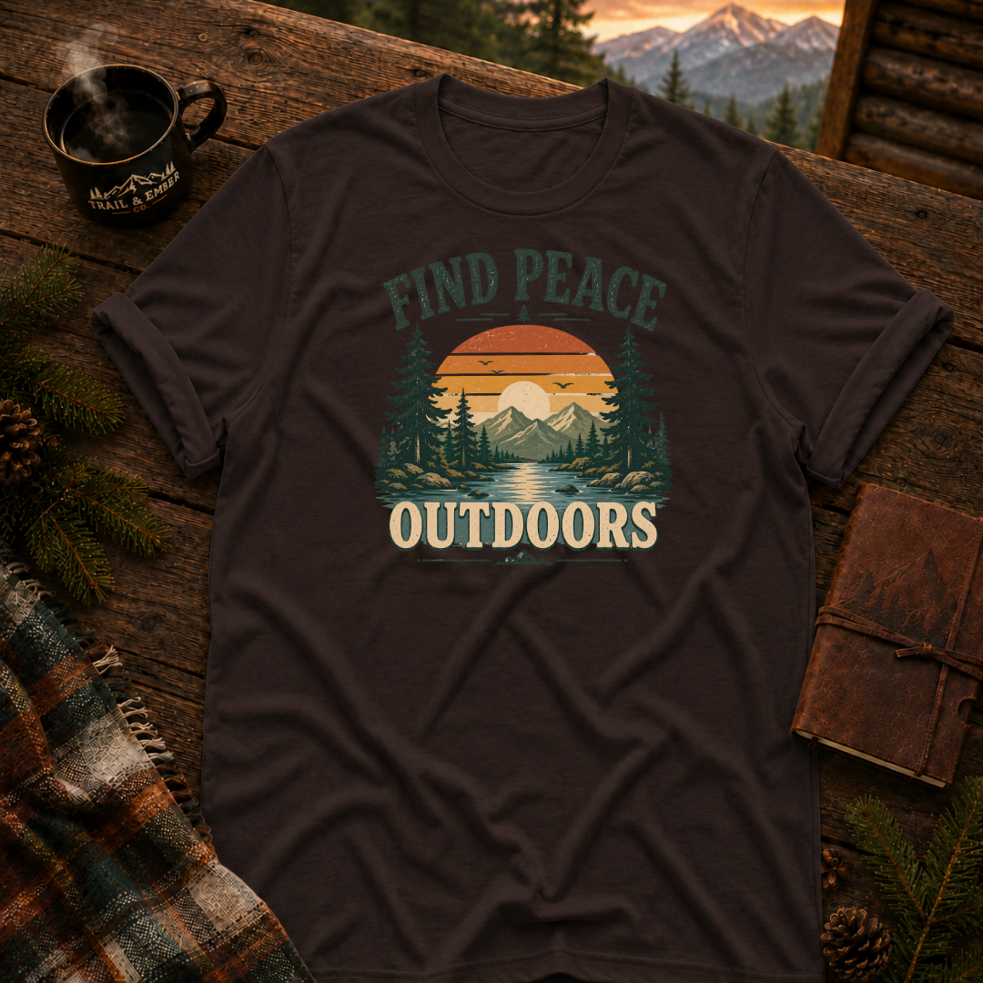 Dark Chocolate Gildan 64000 t-shirt with Find Peace Outdoors graphic — Trail & Ember Co. outdoor apparel