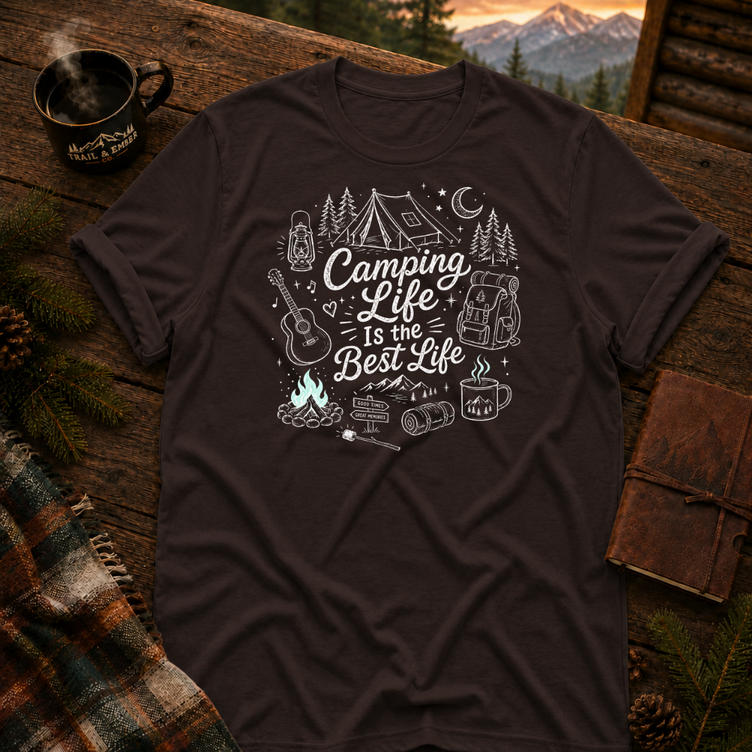 Dark Chocolate Gildan 64000 t-shirt with Camping Life graphic — Trail & Ember Co. outdoor apparel