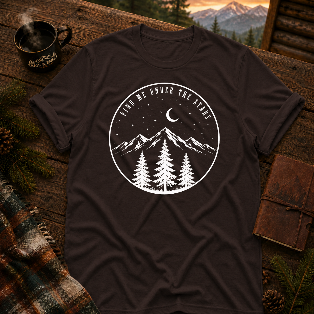 Dark Chocolate Gildan 64000 t-shirt with Find Me Under the Stars graphic — Trail & Ember Co. outdoor apparel