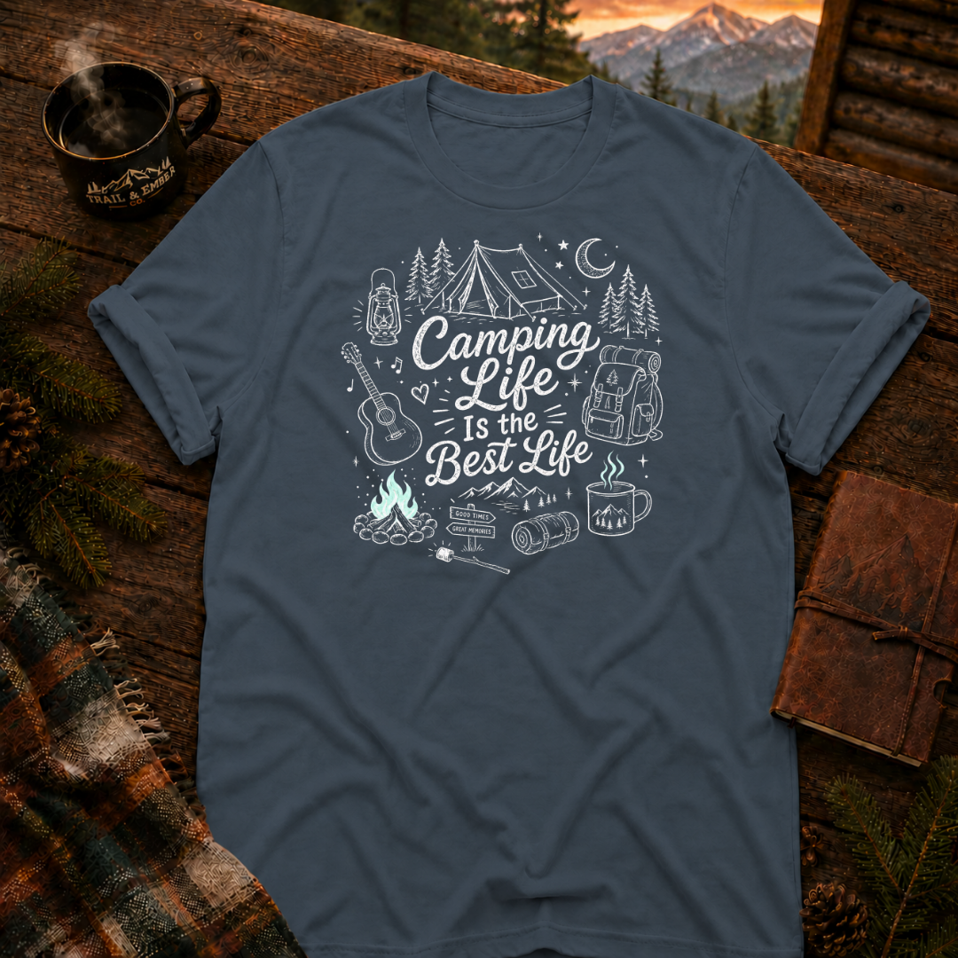 Dark Heather Gildan 64000 t-shirt with Camping Life graphic — Trail & Ember Co. outdoor apparel