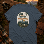 Dark Heather Gildan 64000 t-shirt with Coffee Tastes Better Outdoors Badge graphic — Trail & Ember Co. outdoor apparel
