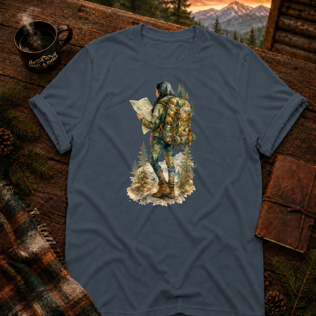 Dark Heather Gildan 64000 t-shirt with Woman Hiker graphic — Trail & Ember Co. outdoor apparel