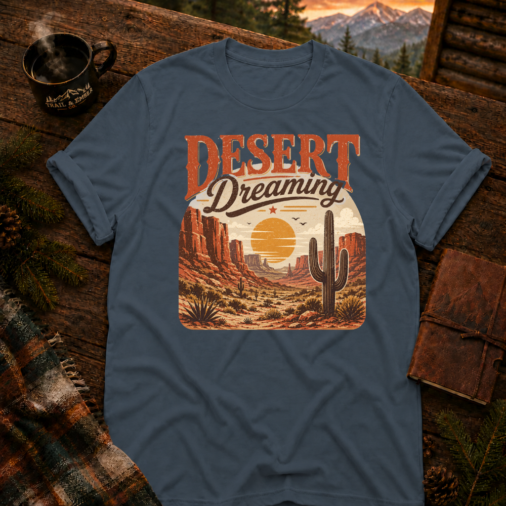 Dark Heather Gildan 64000 t-shirt with Desert Dreams graphic — Trail & Ember Co. outdoor apparel