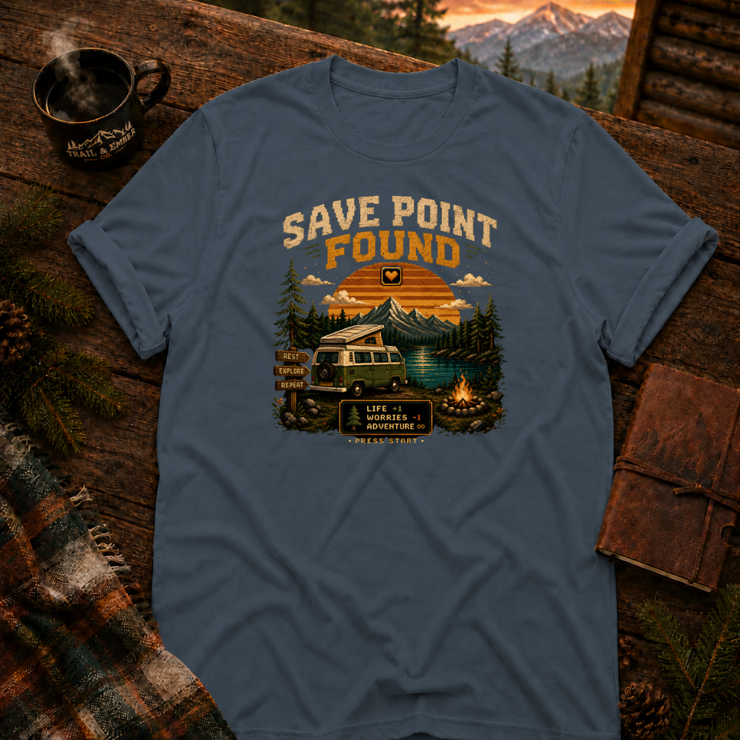 Dark Heather Gildan 64000 t-shirt with Save Point Found graphic — Trail & Ember Co. outdoor apparel