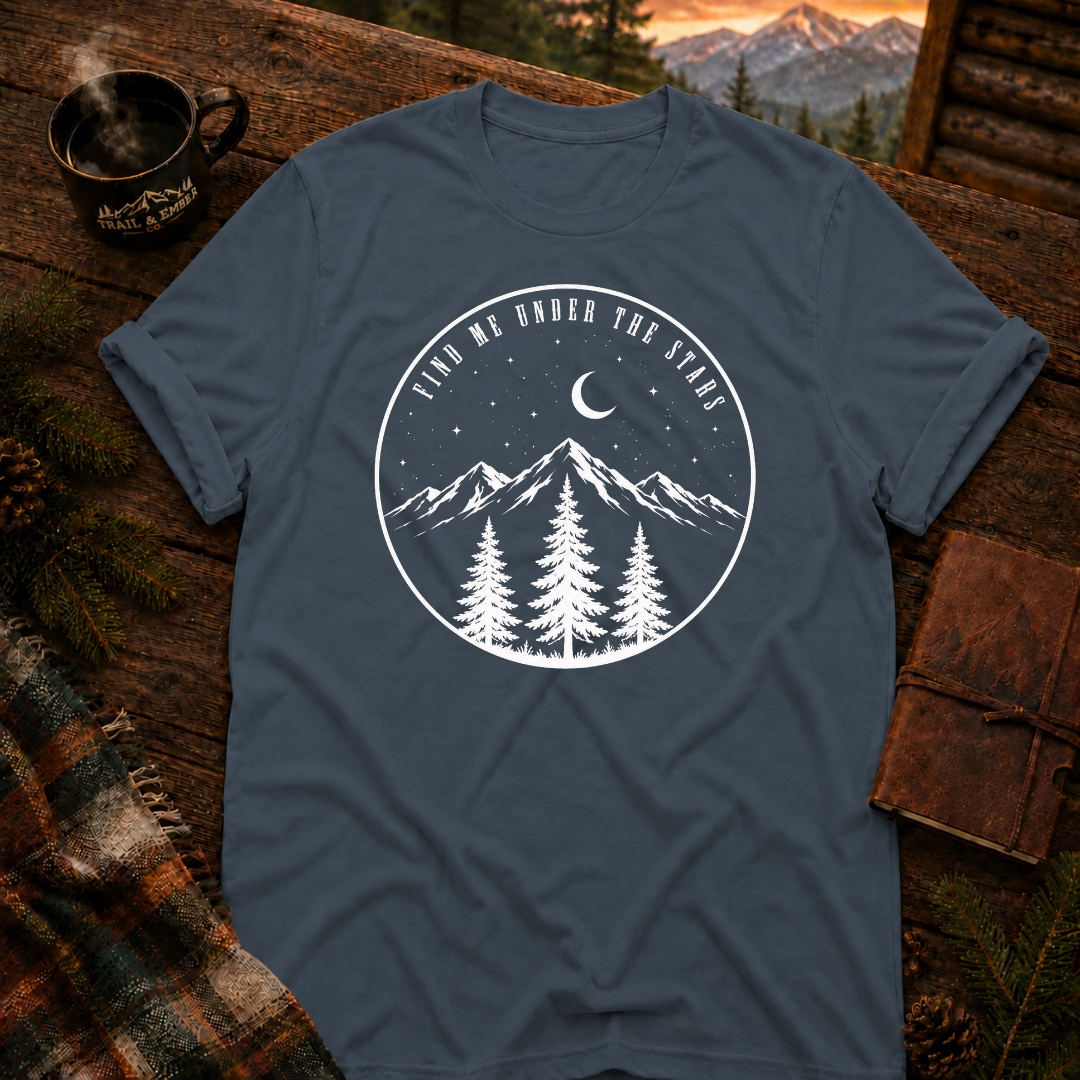 Dark Heather Gildan 64000 t-shirt with Find Me Under the Stars graphic — Trail & Ember Co. outdoor apparel