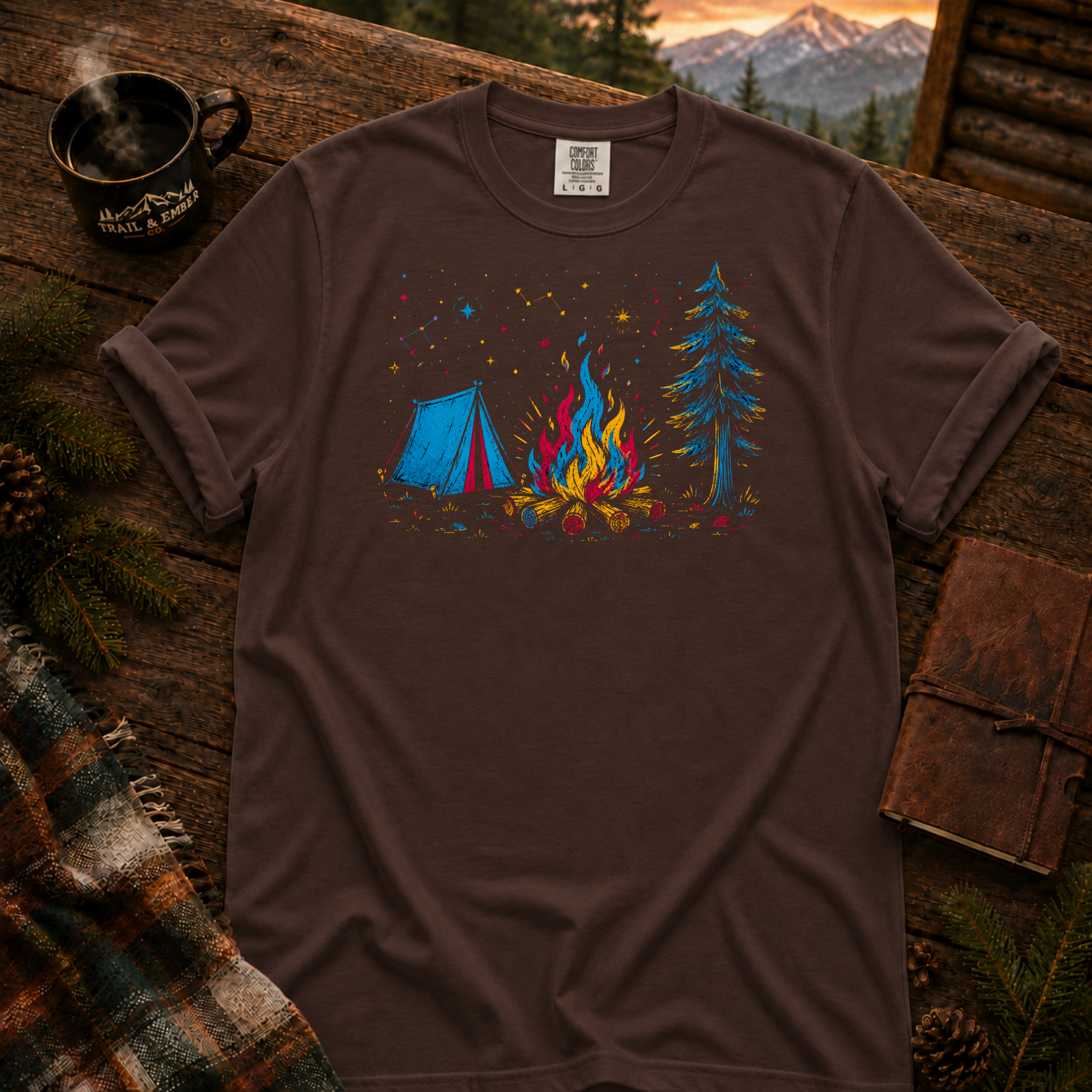 Espresso Comfort Colors t-shirt with a neon-lit campsite scene — tent, campfire, and stars in layered red, blue, and gold neon linework, Trail & Ember Co.