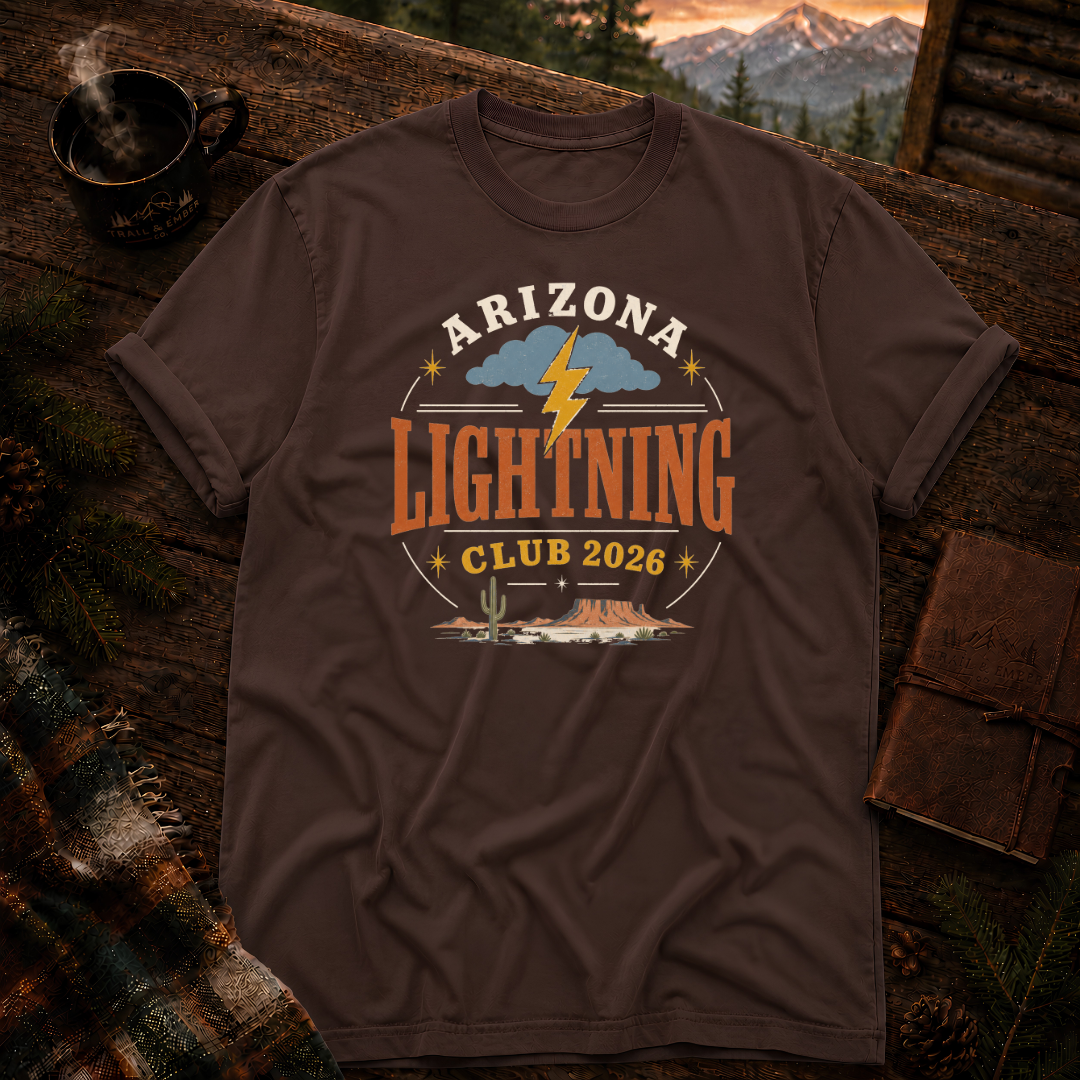 Espresso Comfort Colors t-shirt with Arizona Lightning Club storm-watching design — Trail & Ember Co.