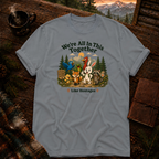 Granite grey Comfort Colors t-shirt reading We're All In This Together, Like Hostages, with a retro cartoon crew of woodland animals hiking a mountain trail