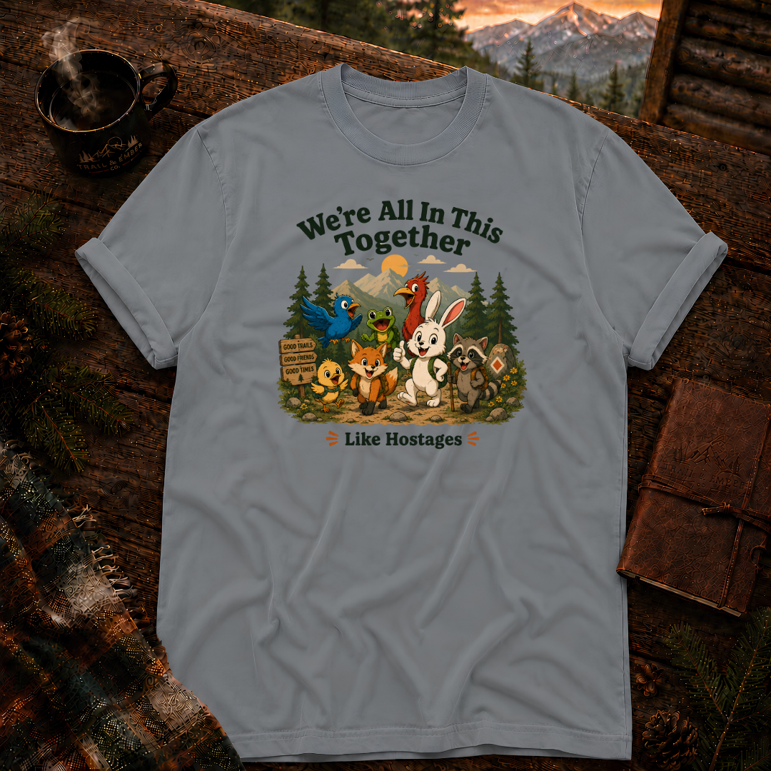 Granite grey Comfort Colors t-shirt reading We're All In This Together, Like Hostages, with a retro cartoon crew of woodland animals hiking a mountain trail