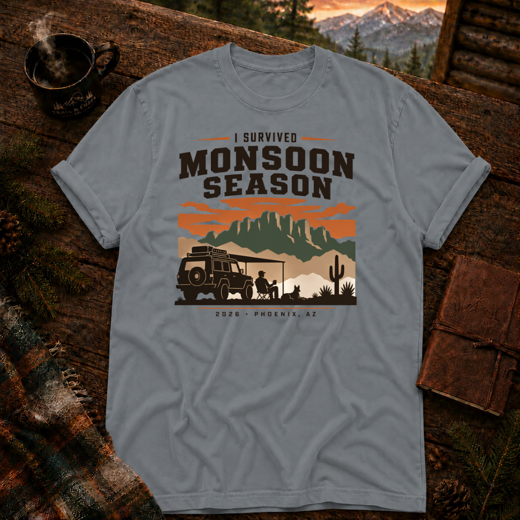 Granite Comfort Colors 1717 t-shirt with I Survived Monsoon 2026 design — Trail & Ember Co.