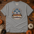 Grey Comfort Colors t-shirt featuring lightning splitting the sky over a lone saguaro with storm clouds rolling across the desert, Trail & Ember Co.