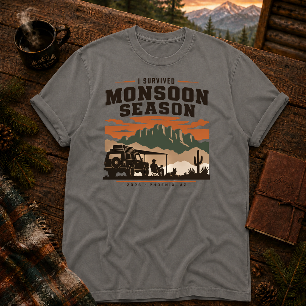 Grey Comfort Colors 1717 t-shirt with I Survived Monsoon 2026 design — Trail & Ember Co.