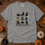 Grey Comfort Colors t-shirt featuring a circle of cats on a fence line at midnight with eyes catching the porch light, Trail & Ember Co.