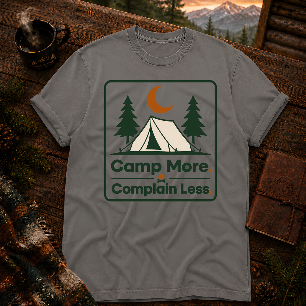 Grey Comfort Colors 1717 t-shirt with Camp More Complain Less design — Trail & Ember Co.