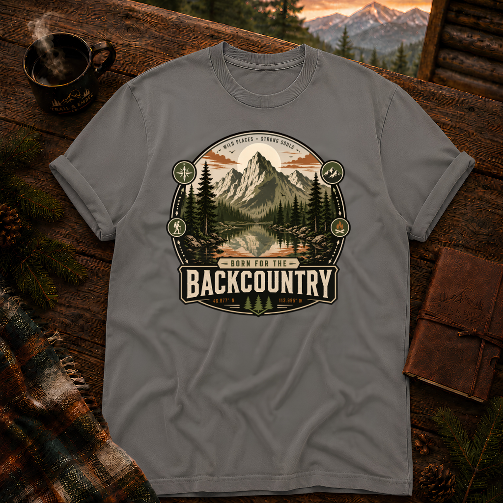 Grey Comfort Colors 1717 t-shirt with Born for the Backcountry design — Trail & Ember Co.
