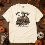 Ivory Comfort Colors t-shirt featuring a skeleton wrapped head to rib in fleece, propped against a lantern, Trail & Ember Co.