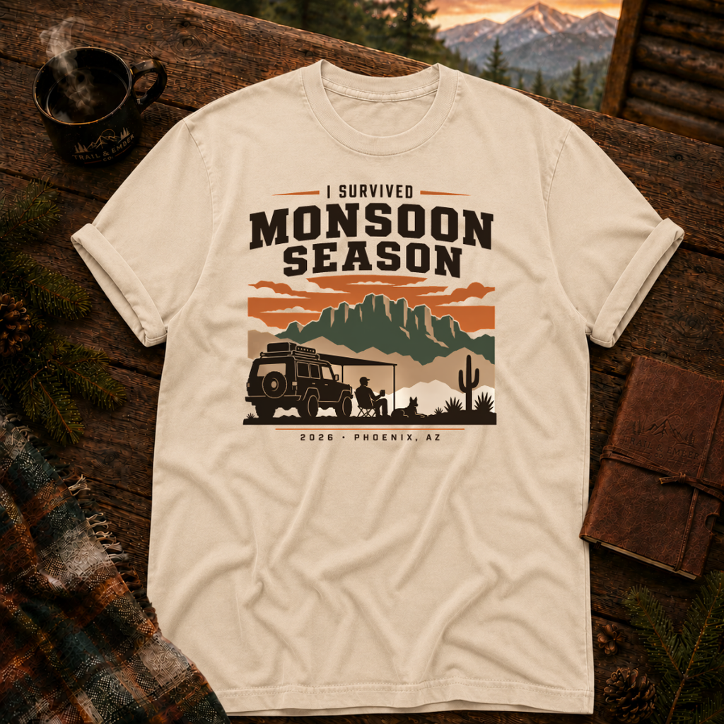 Ivory Comfort Colors 1717 t-shirt with I Survived Monsoon 2026 design — Trail & Ember Co.