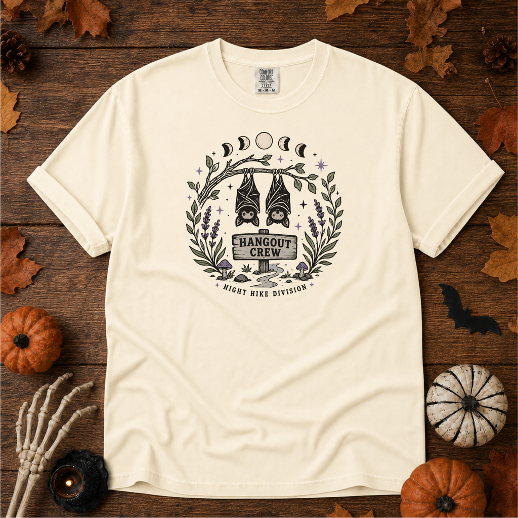 Ivory Comfort Colors t-shirt featuring a hammock strung between two trees with boots kicked off underneath, Trail & Ember Co.