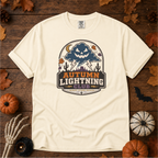 Ivory Comfort Colors t-shirt featuring lightning splitting the sky over a lone saguaro with storm clouds rolling across the desert, Trail & Ember Co.