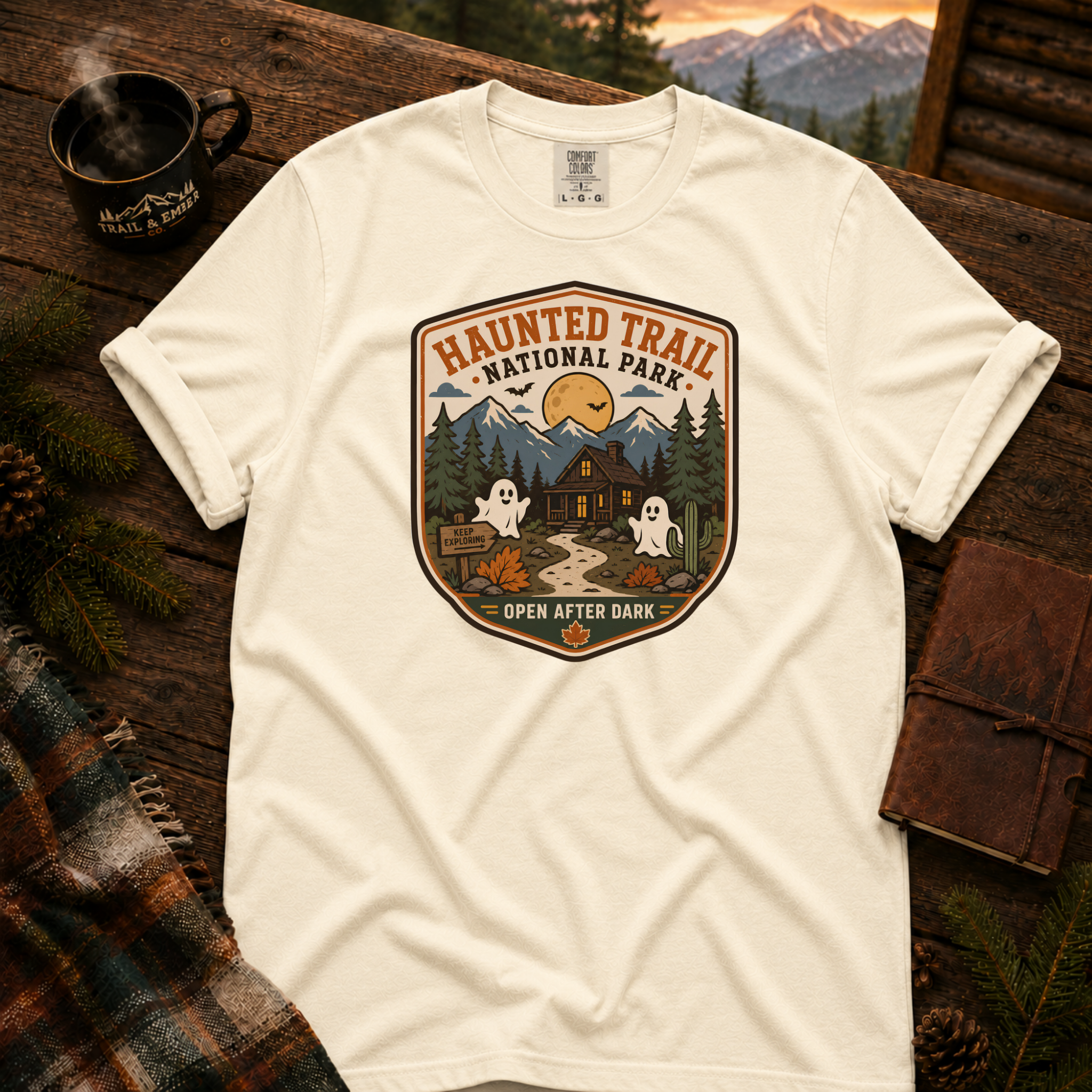 Haunted Trail National Park t-shirt in Ivory — vintage Halloween badge design