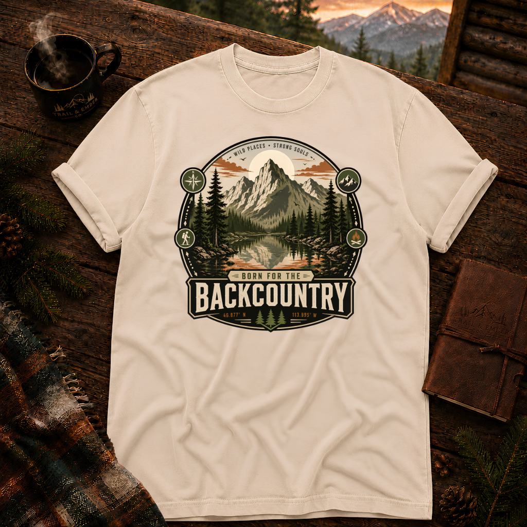 Ivory Comfort Colors 1717 t-shirt with Born for the Backcountry design — Trail & Ember Co.