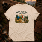 Ivory cream Comfort Colors t-shirt with a vintage cartoon woodland hiking crew and a trail sign reading Good Trails, Good Friends, Good Times