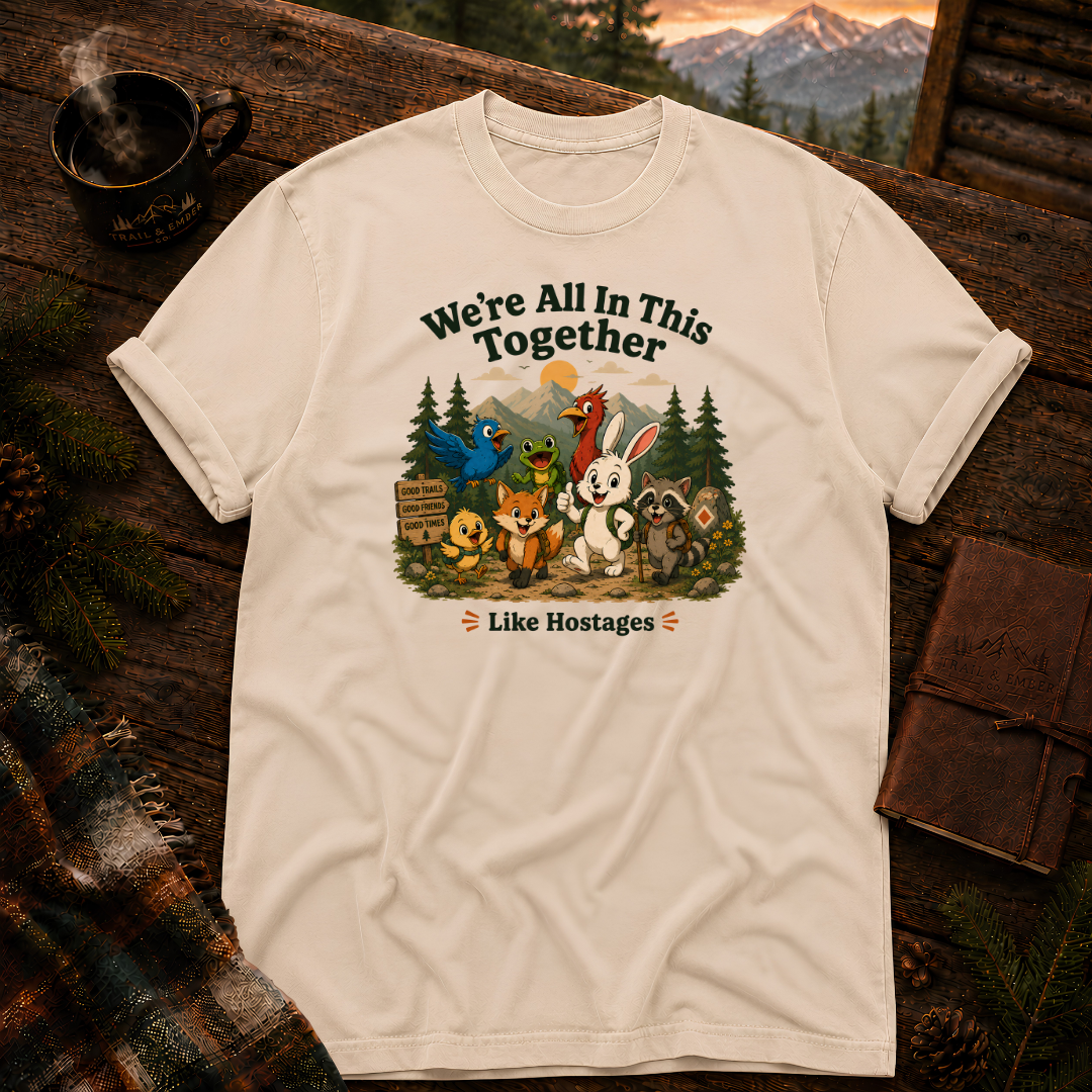 Ivory cream Comfort Colors t-shirt with a vintage cartoon woodland hiking crew and a trail sign reading Good Trails, Good Friends, Good Times