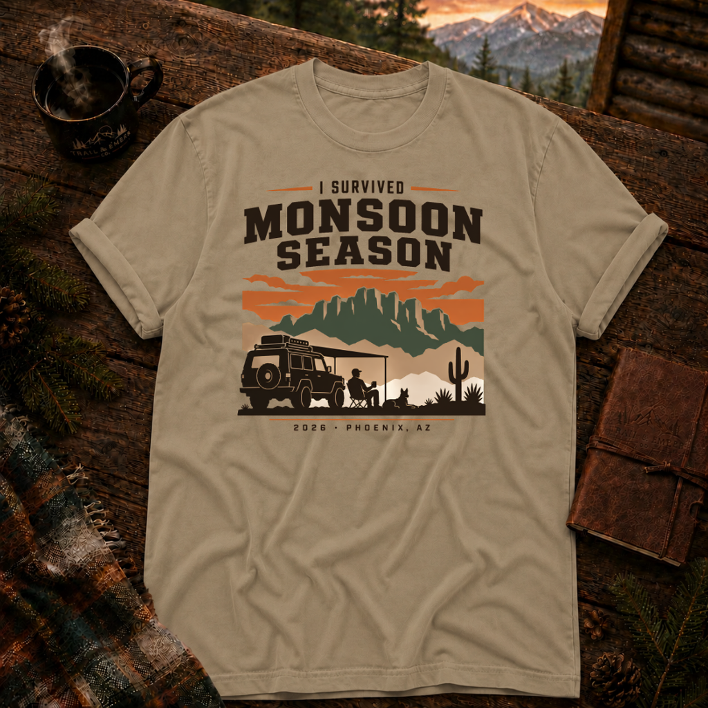 Khaki Comfort Colors 1717 t-shirt with I Survived Monsoon 2026 design — Trail & Ember Co.