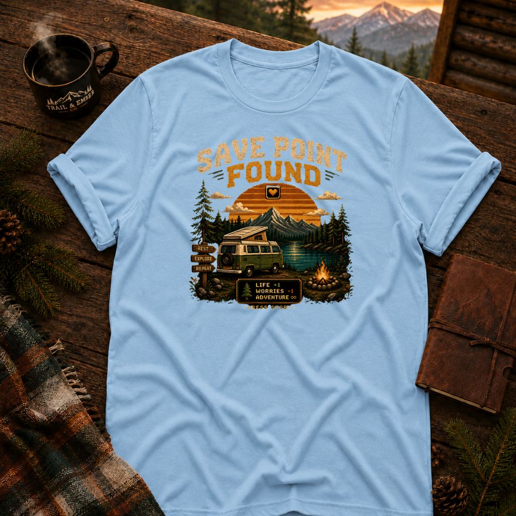 Light Blue Gildan 64000 t-shirt with Save Point Found graphic — Trail & Ember Co. outdoor apparel