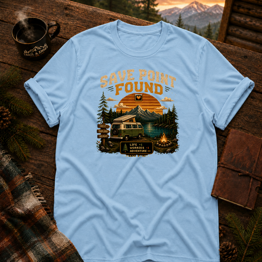 Light Blue Gildan 64000 t-shirt with Save Point Found graphic — Trail & Ember Co. outdoor apparel