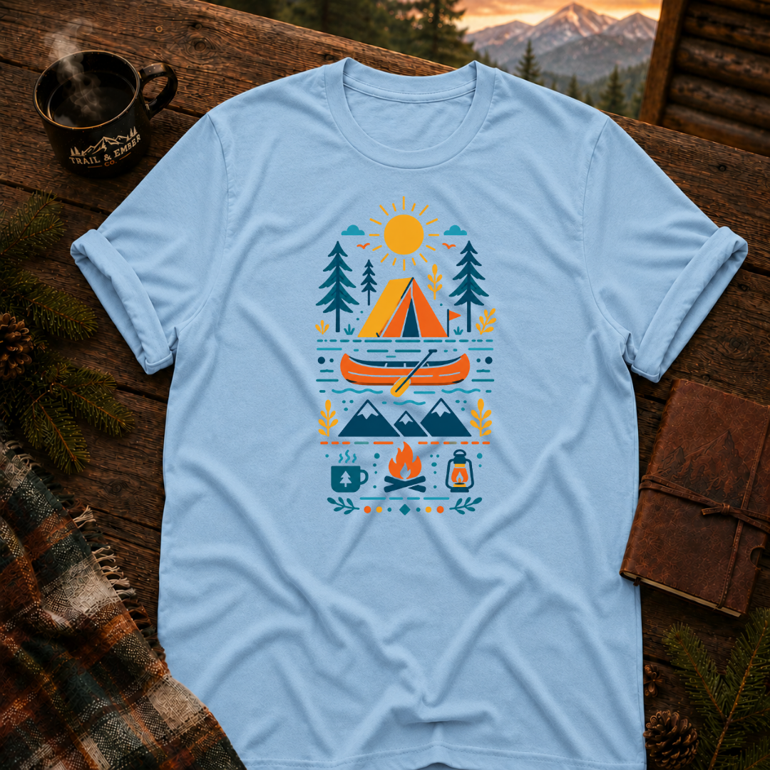 Light Blue Gildan 64000 t-shirt with Camping Icons Collection graphic — Trail & Ember Co. outdoor apparel