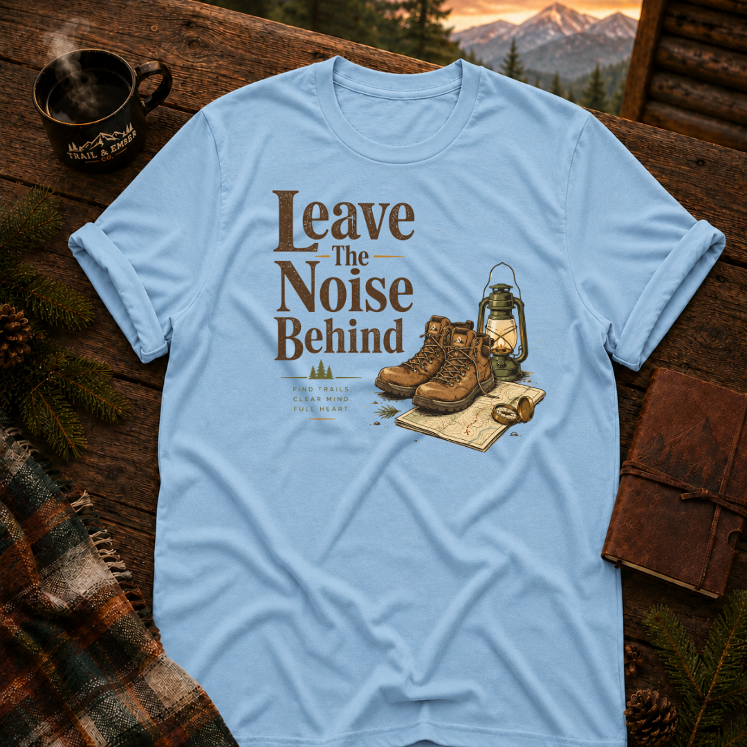 Light Blue Gildan 64000 t-shirt with Leave the Noise Behind graphic — Trail & Ember Co. outdoor apparel