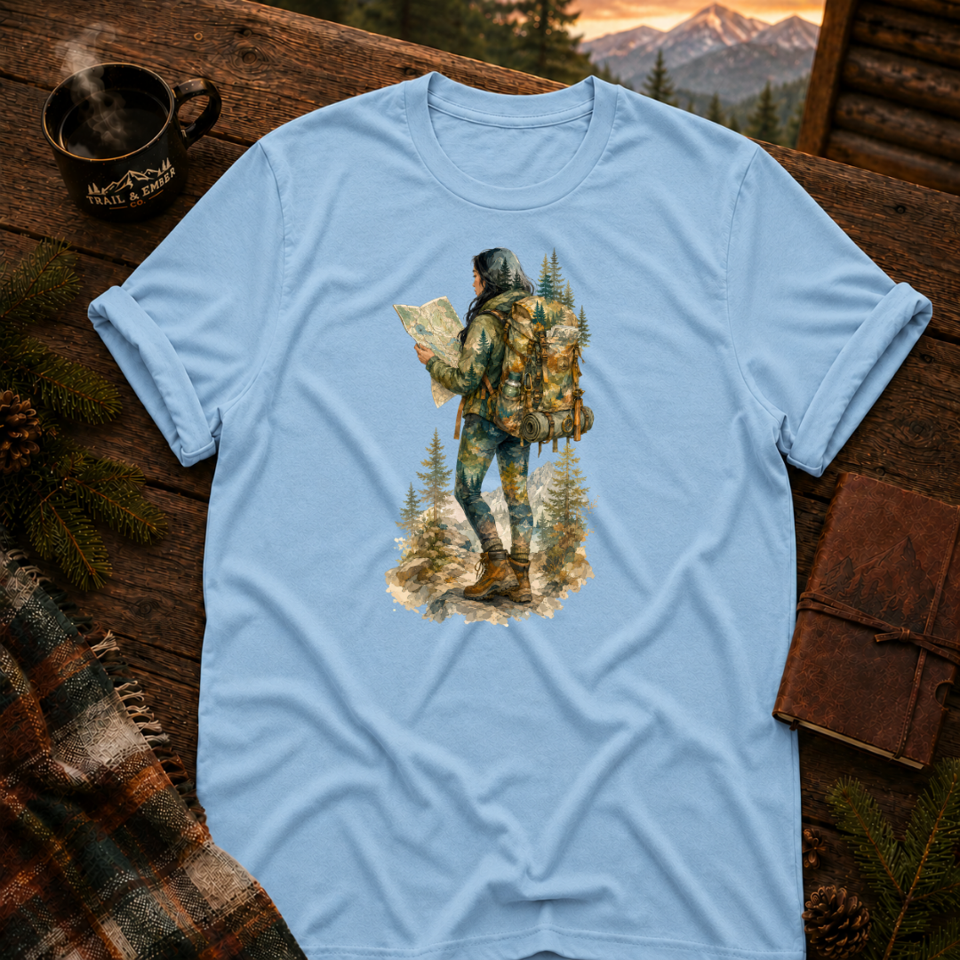 Light Blue Gildan 64000 t-shirt with Woman Hiker graphic — Trail & Ember Co. outdoor apparel