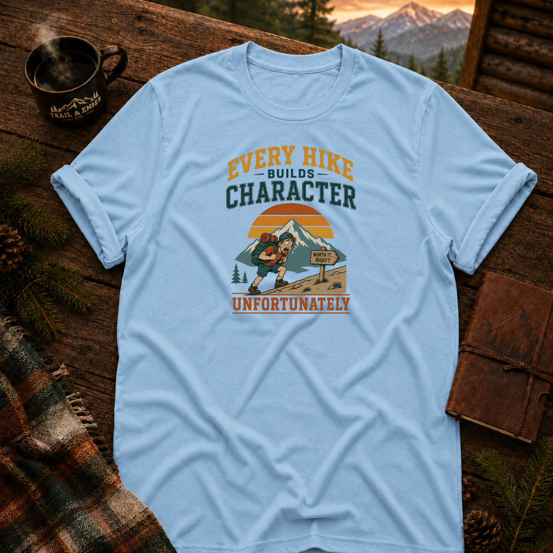 Light Blue Gildan 64000 t-shirt with Every Hike Builds Character Unfortunately graphic — Trail & Ember Co. outdoor apparel
