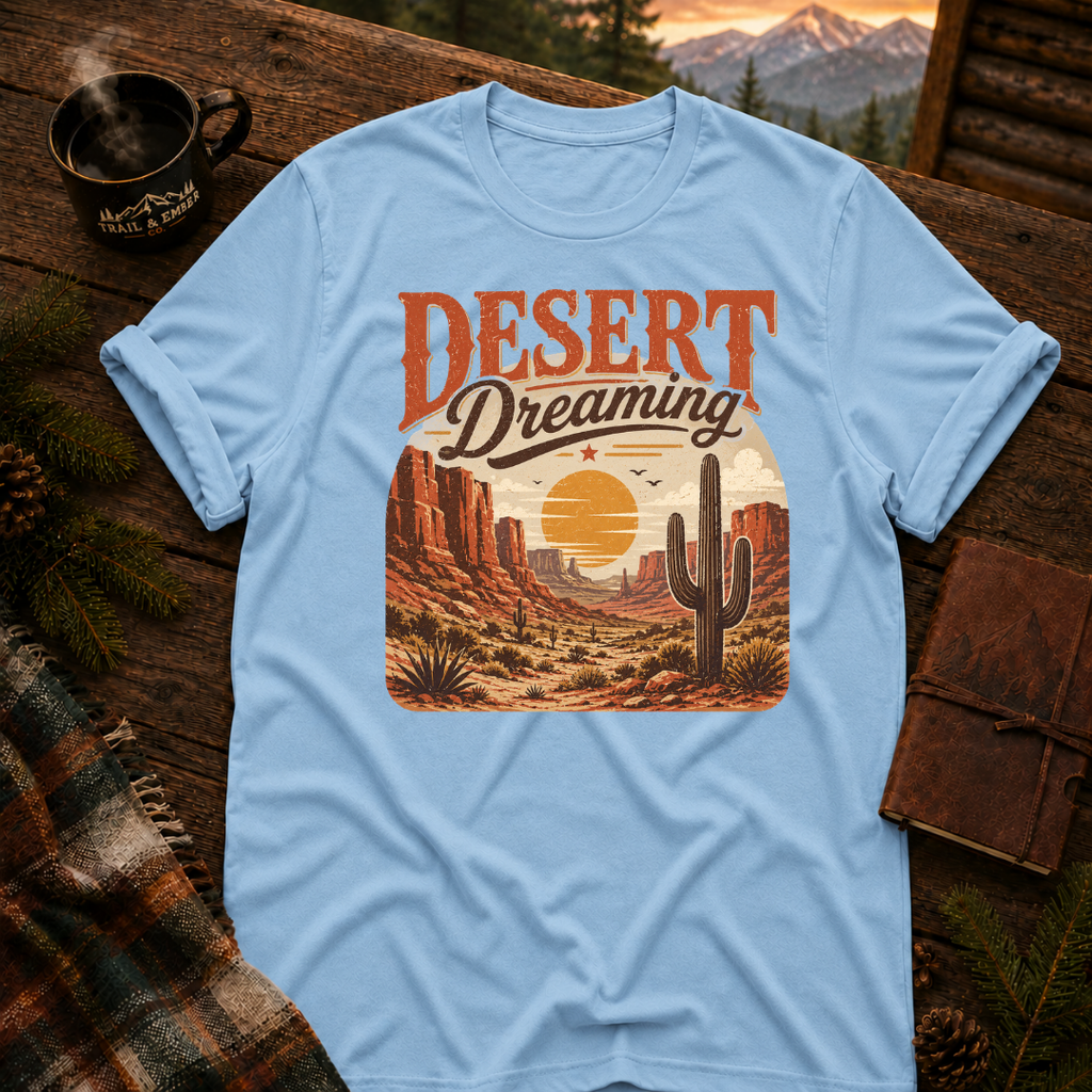 Light Blue Gildan 64000 t-shirt with Desert Dreams graphic — Trail & Ember Co. outdoor apparel