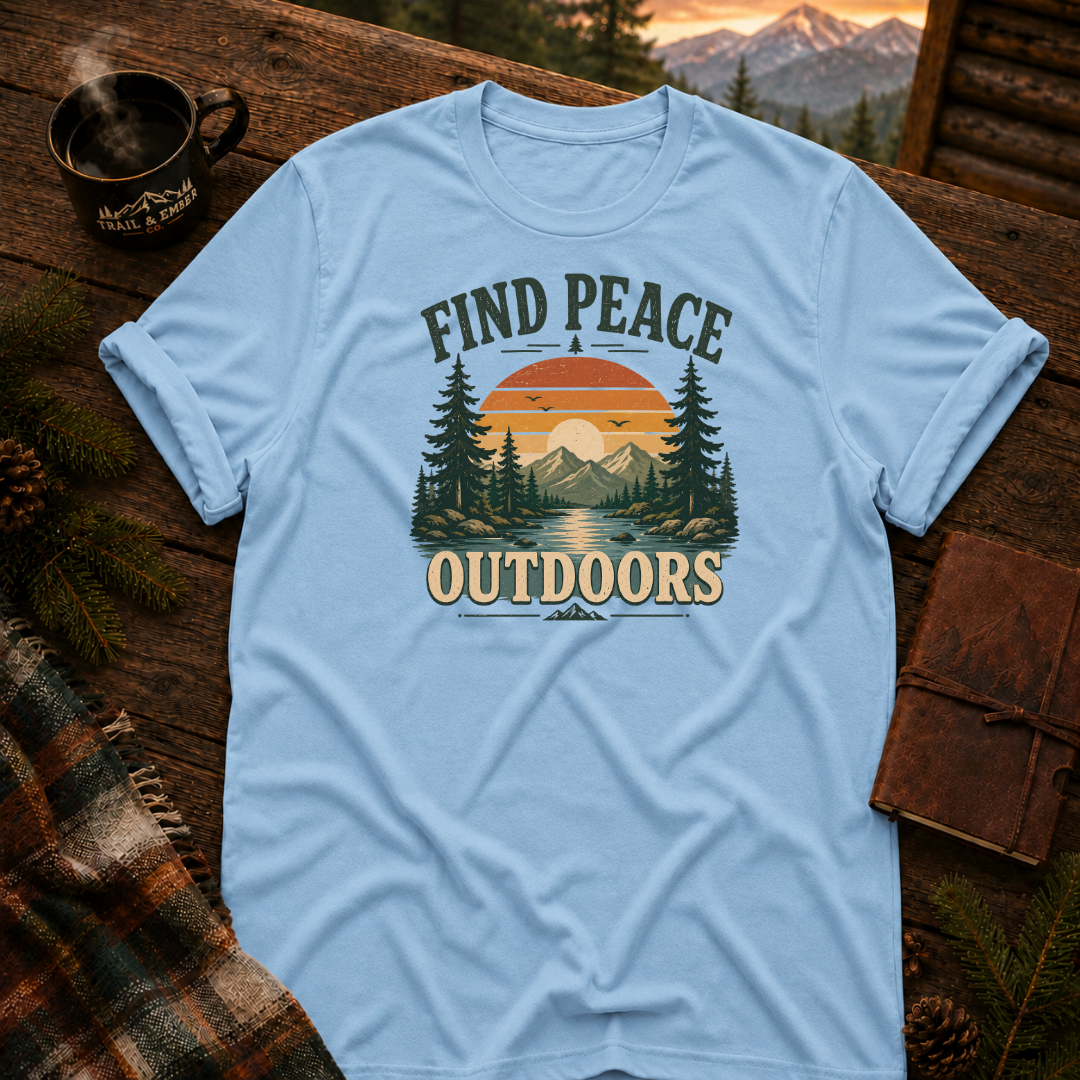 Light Blue Gildan 64000 t-shirt with Find Peace Outdoors graphic — Trail & Ember Co. outdoor apparel