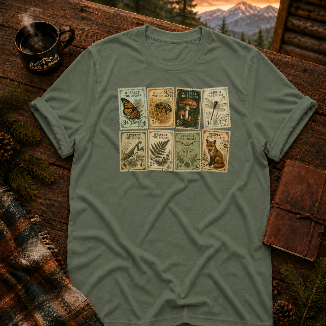 Military Green Gildan 64000 t-shirt with Respect the Locals Vintage Stamps graphic — Trail & Ember Co. outdoor apparel