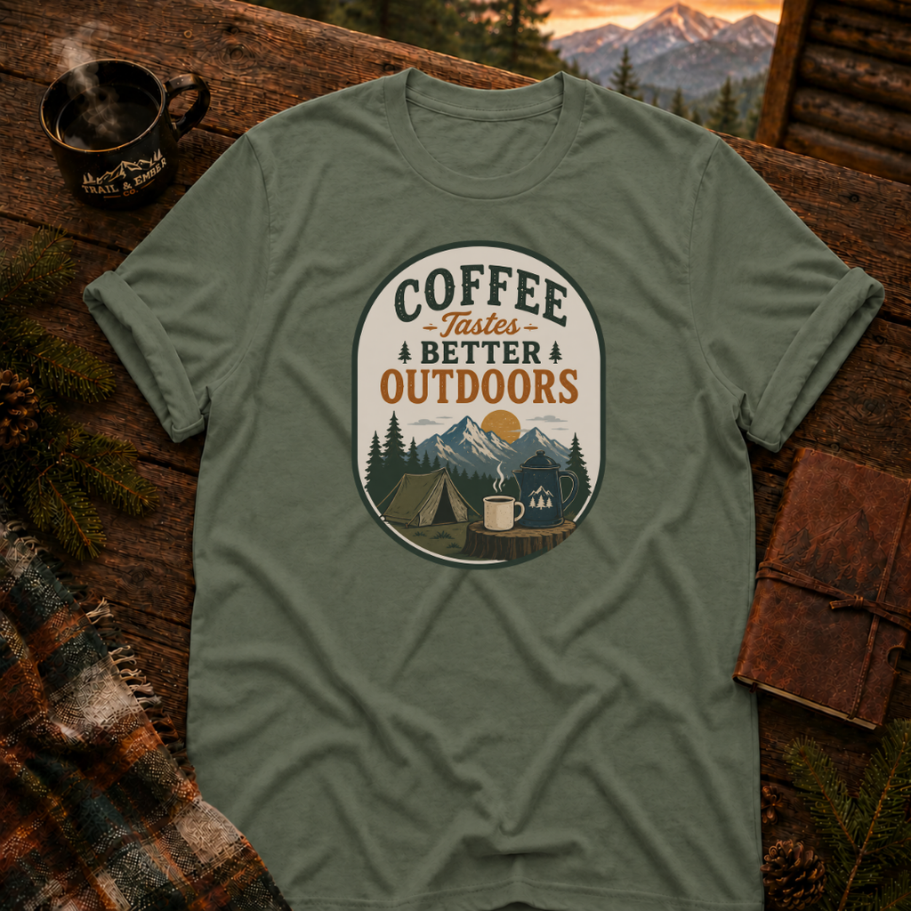 Military Green Gildan 64000 t-shirt with Coffee Tastes Better Outdoors Badge graphic — Trail & Ember Co. outdoor apparel