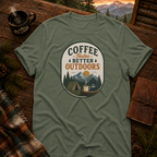 Military Green Gildan 64000 t-shirt with Coffee Tastes Better Outdoors Badge graphic — Trail & Ember Co. outdoor apparel